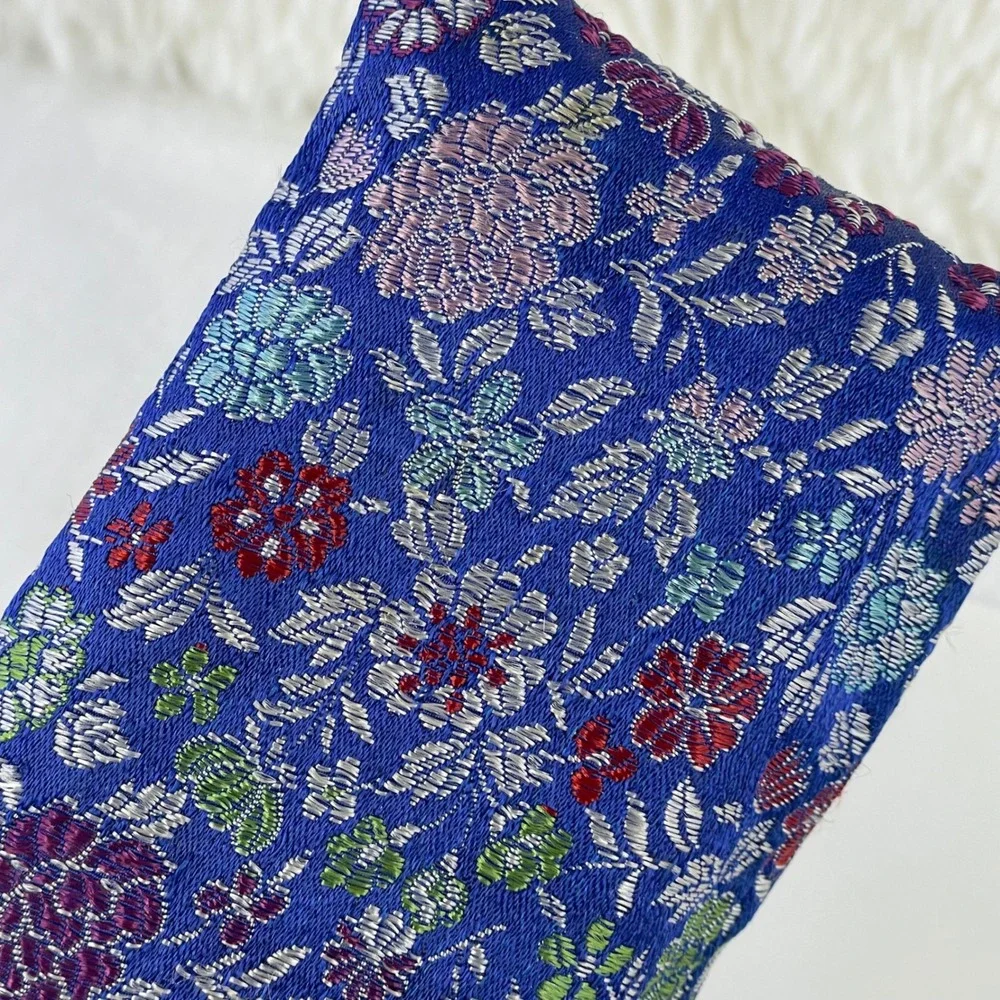 Vintage German Glass Hip Flask Silver Top with Blue Floral Brocade Pouch Case